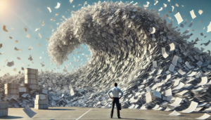 Image of man standing in front of a tidal wave of paper, representing backlog